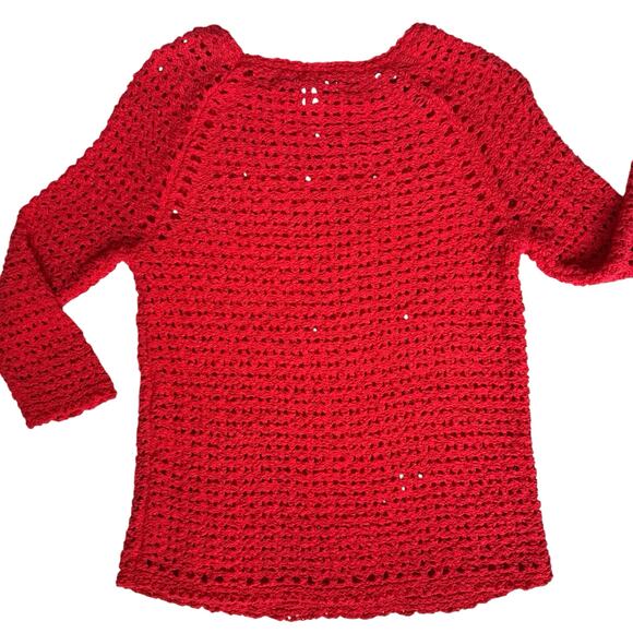 Chicos Open Knit Red Sweater Size 1 M/8 Crochet Pullover Lightweight Holiday SEE - Picture 6 of 9